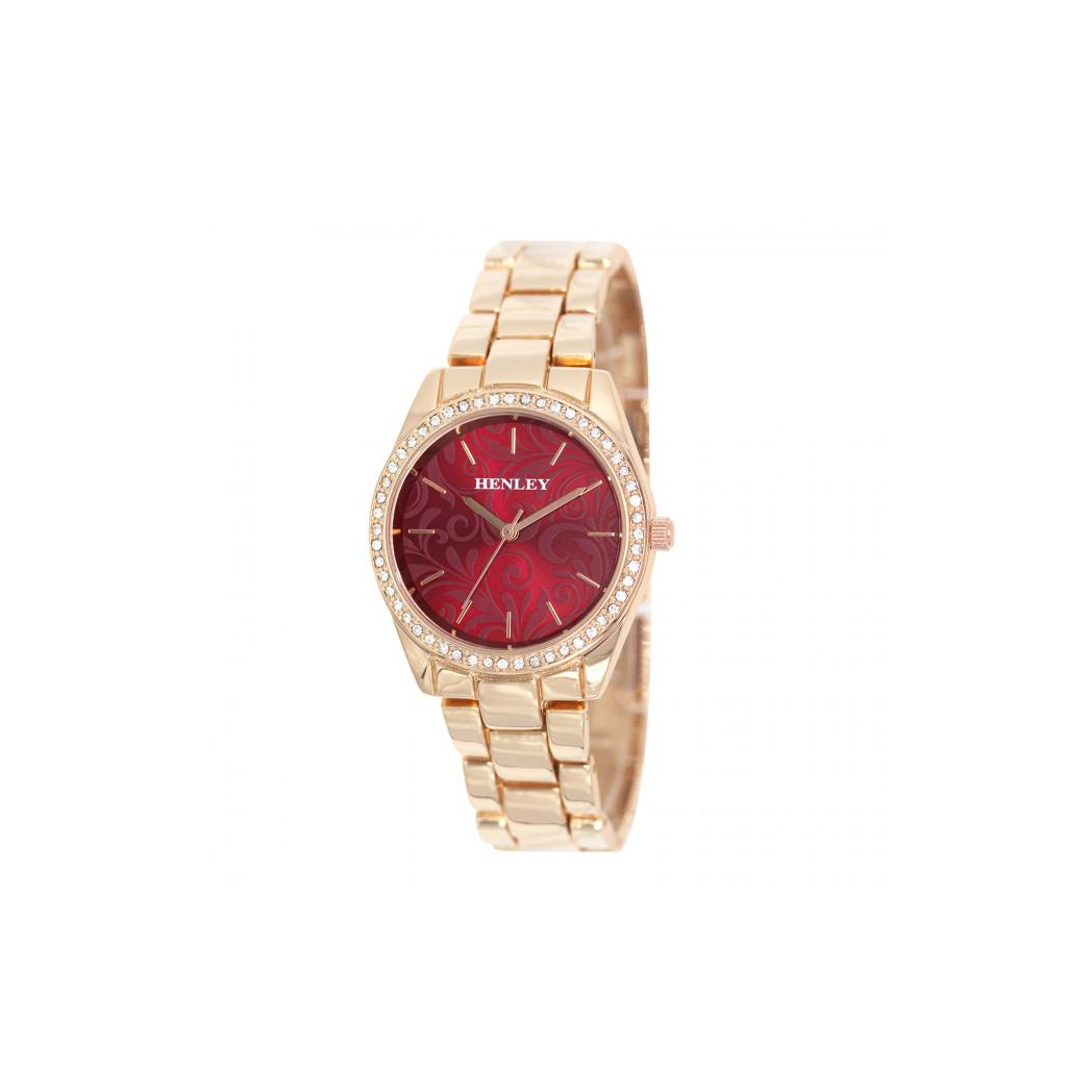 Henley Ladies Bling Etched Patterned Red Dial & RoseGold Bracelet Watch H07326.40
