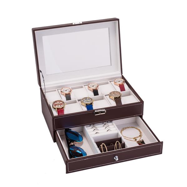 12 Slots Watch Box Mens Watch Organizer Lockable Jewelry Display Case with Real Glass Top Faux Leather Brow