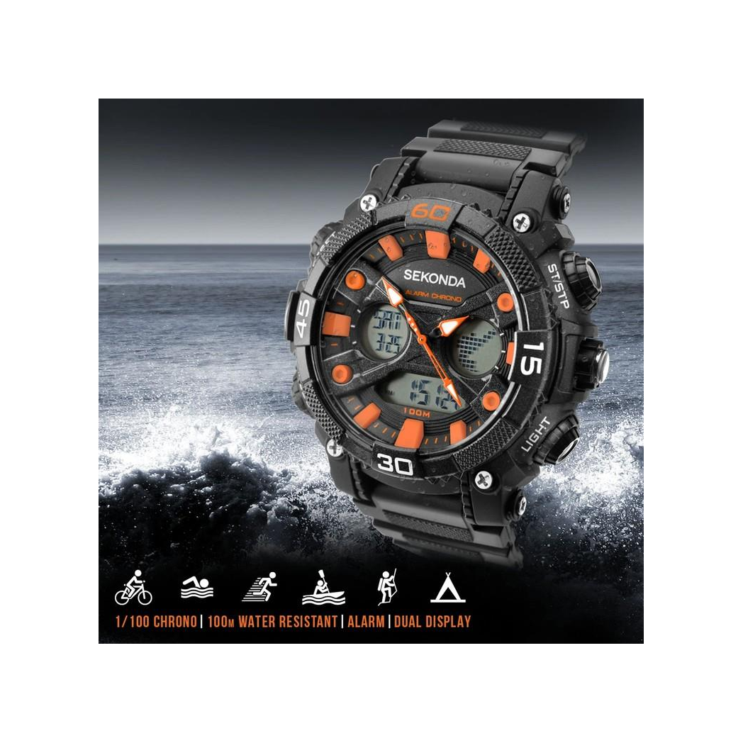 Sekonda Mens Sports Duel time Black Dial & Rubber Strap Watch-1037