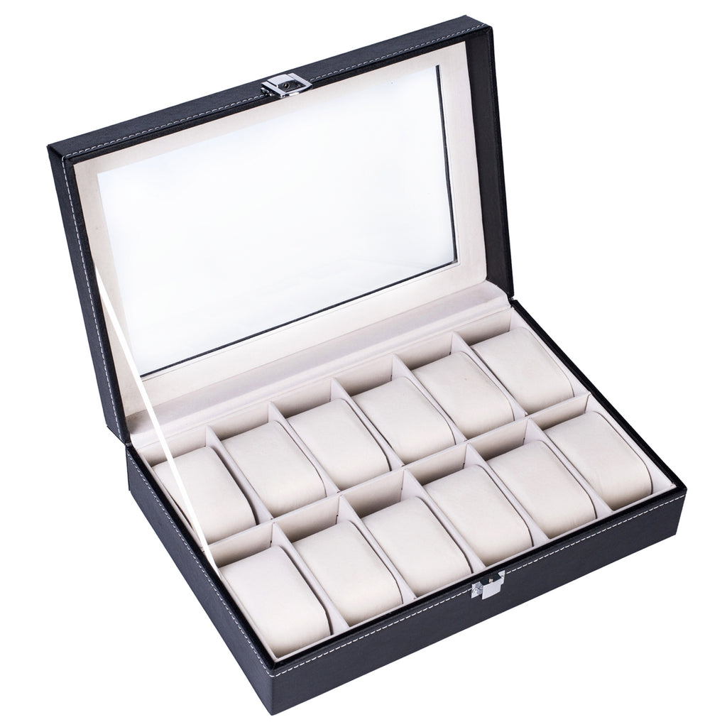 12 Compartments Top-level Opening Style Leather Watch Collection Box Black(USPS is not supported at the moment)