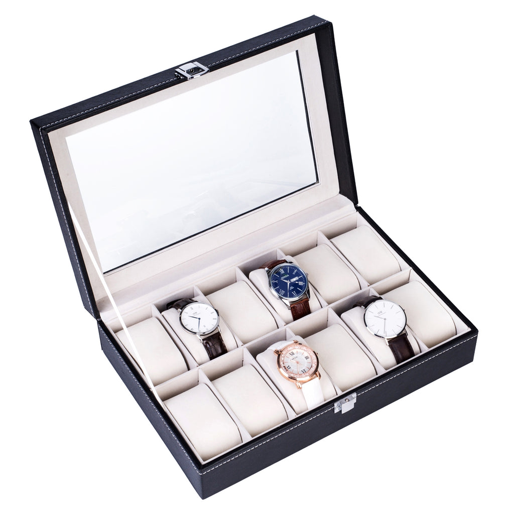 12 Compartments Top-level Opening Style Leather Watch Collection Box Black(USPS is not supported at the moment)