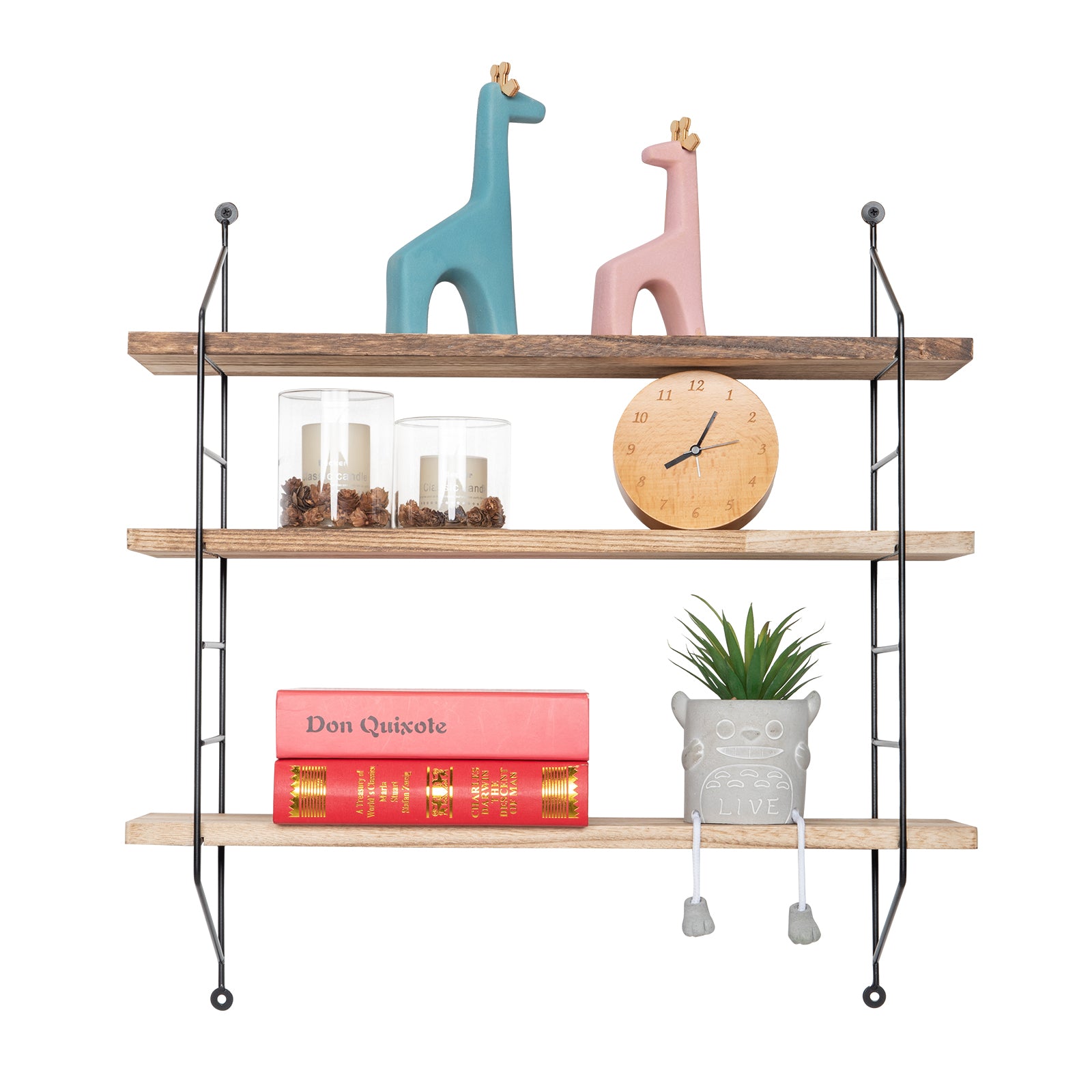23-Inch Modern Industrial Metal and Torched Wood Adjustable Wall Mounted 3-Tier Display Floating Shelf