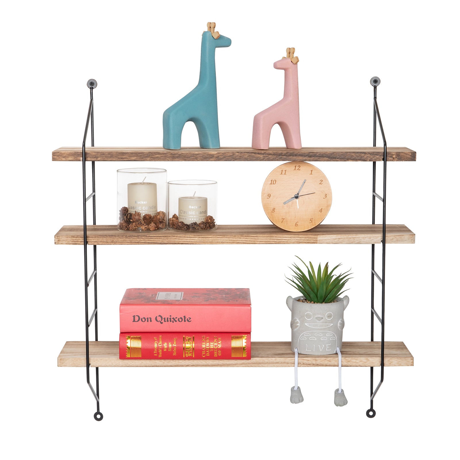 23-Inch Modern Industrial Metal and Torched Wood Adjustable Wall Mounted 3-Tier Display Floating Shelf