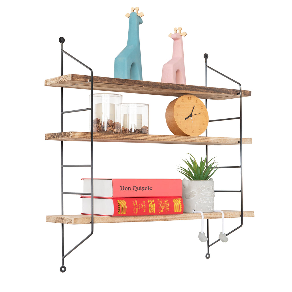 23-Inch Modern Industrial Metal and Torched Wood Adjustable Wall Mounted 3-Tier Display Floating Shelf