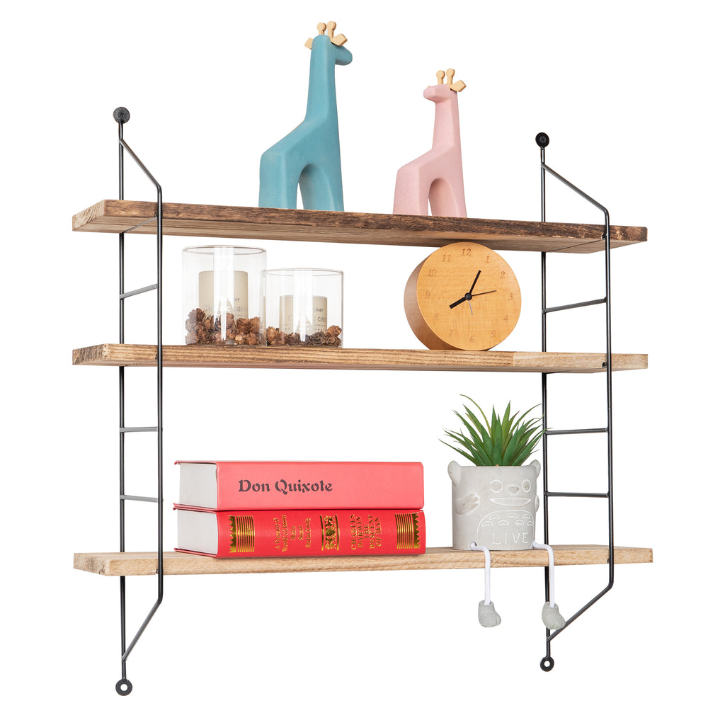 23-Inch Modern Industrial Metal and Torched Wood Adjustable Wall Mounted 3-Tier Display Floating Shelf