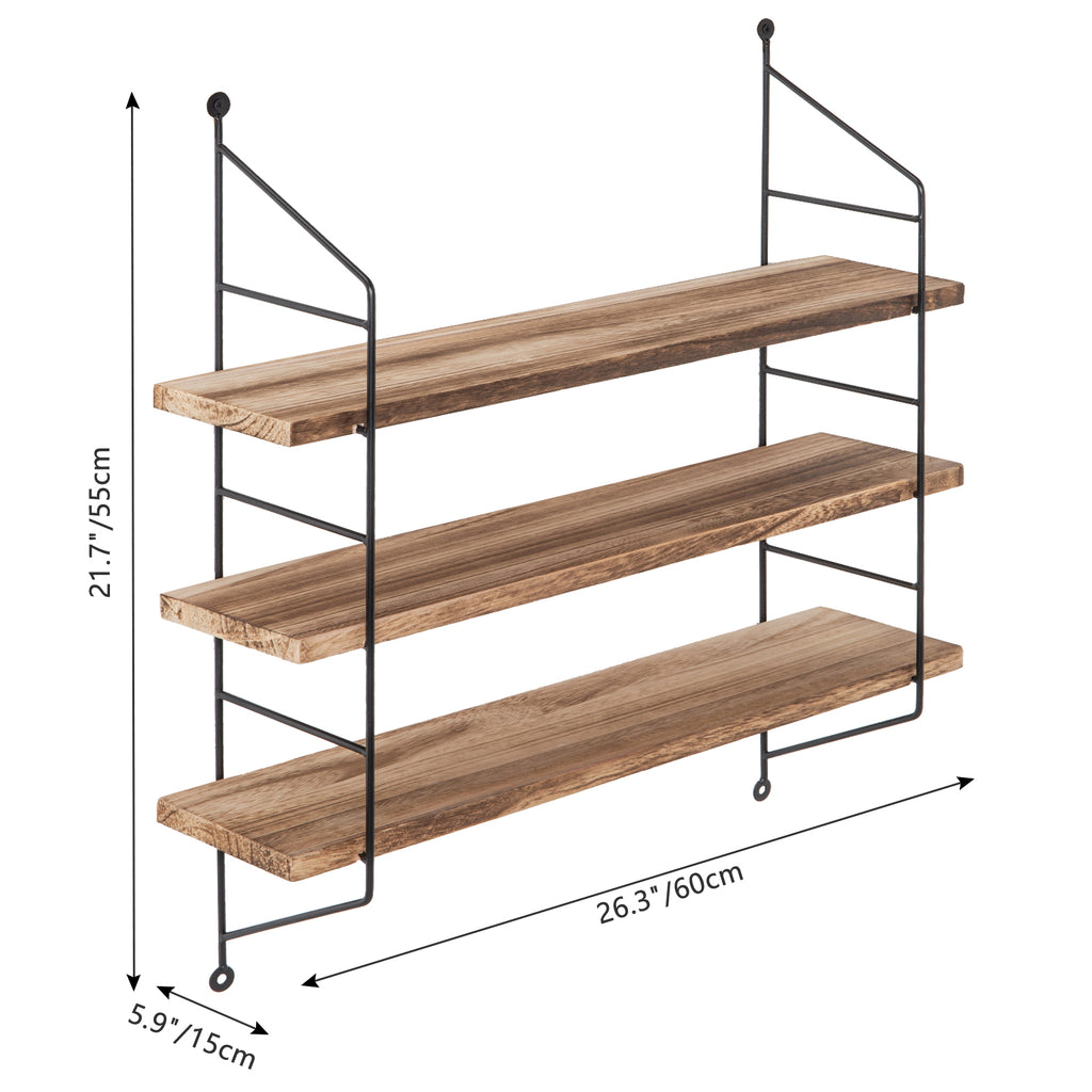 23-Inch Modern Industrial Metal and Torched Wood Adjustable Wall Mounted 3-Tier Display Floating Shelf