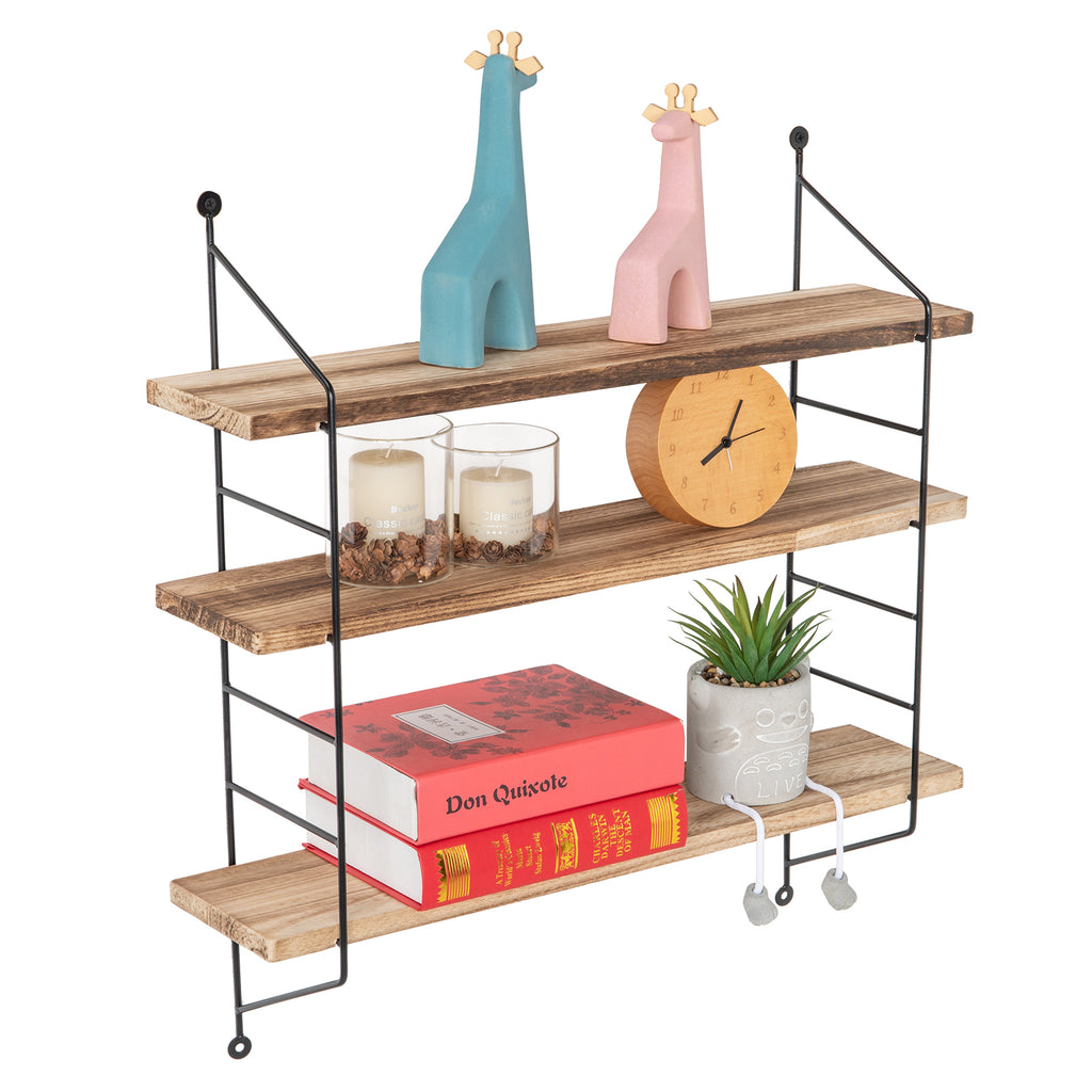 23-Inch Modern Industrial Metal and Torched Wood Adjustable Wall Mounted 3-Tier Display Floating Shelf