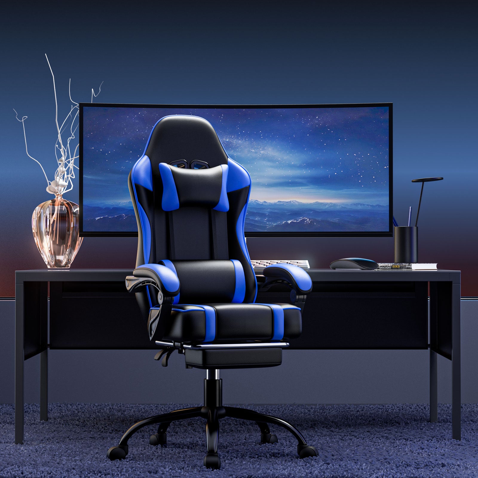 Gaming Chair, Computer Chair with Footrest and Lumbar Support, Ergonomic Video Game Chair with Headrest, Height Adjustable Gamer Chair Office Desk Chair