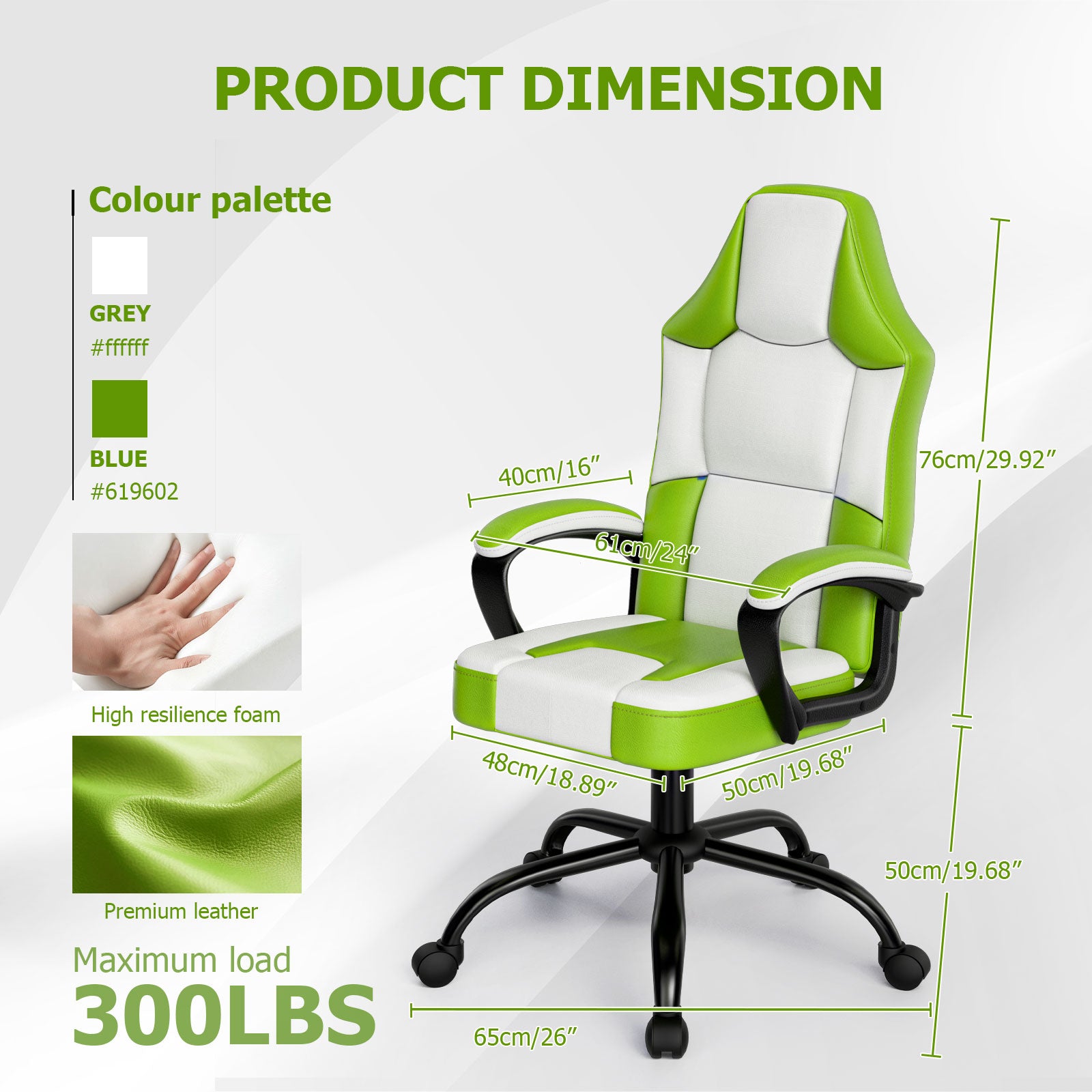 Ergonomic Gaming Chair, Height Adjustable Computer Chair, Pu Leather PC Chair with Castors, for Adults