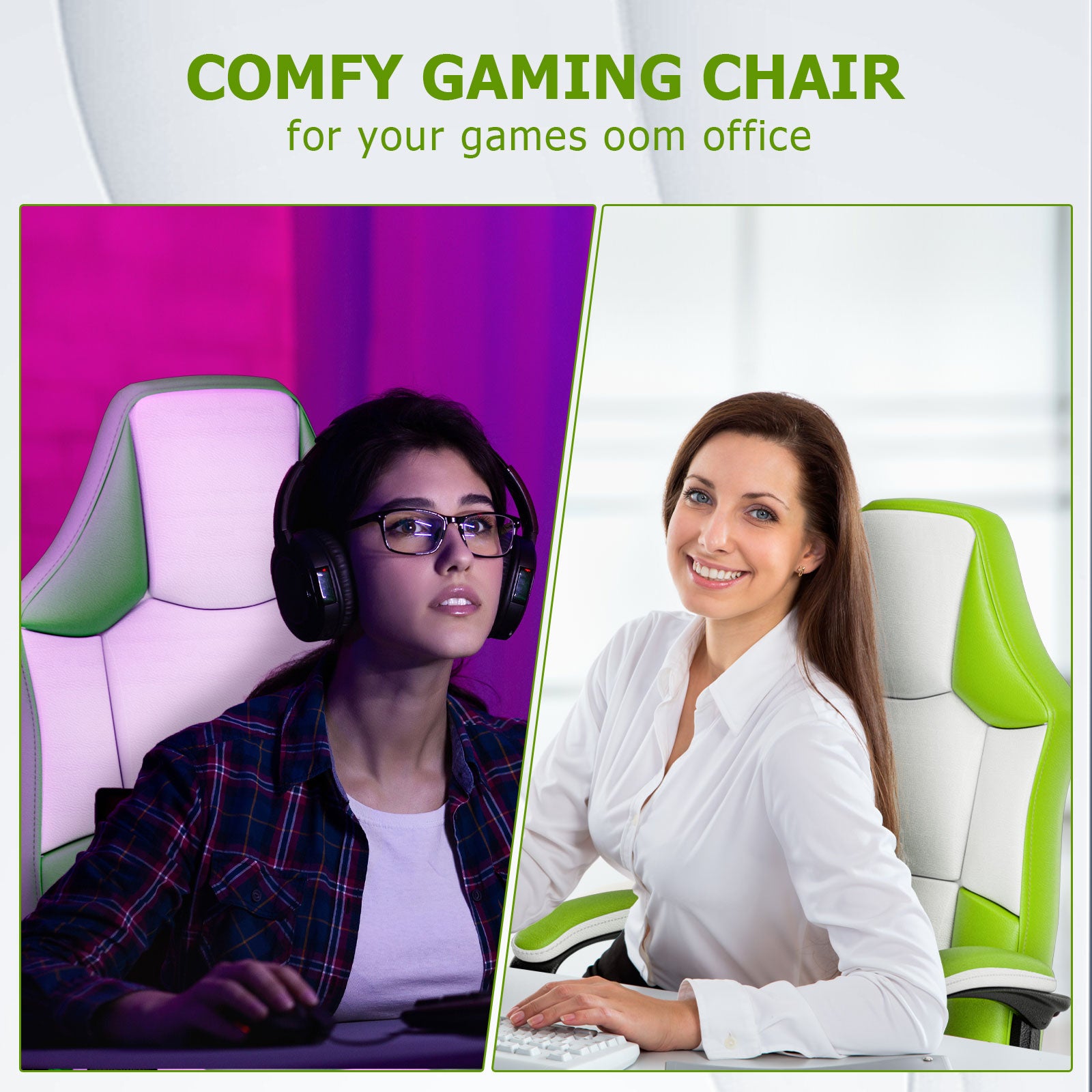 Ergonomic Gaming Chair, Height Adjustable Computer Chair, Pu Leather PC Chair with Castors, for Adults