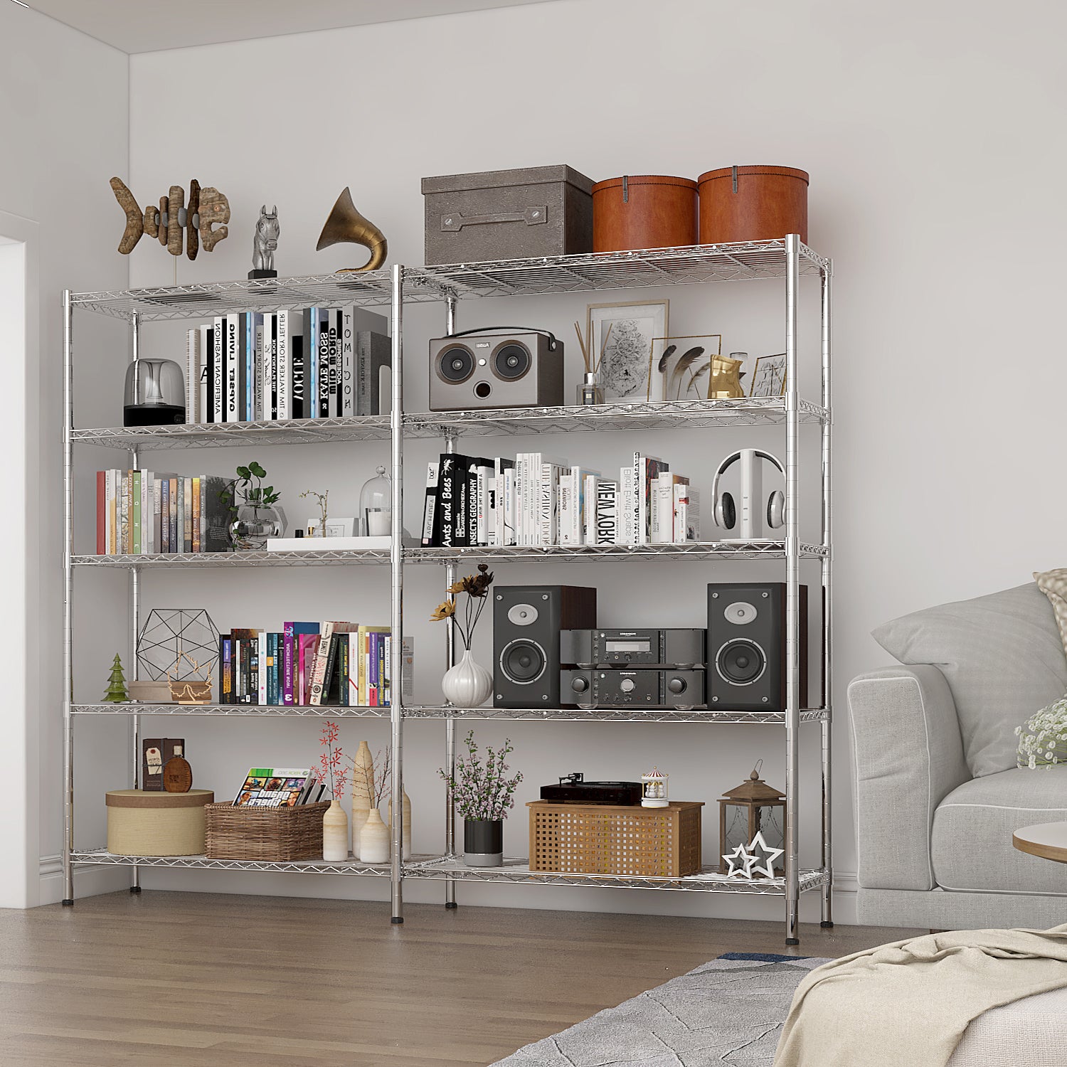 5-layer double row, freely adjustable layer spacing, with adjustable feet, display stand, iron, 177*40*180cm, chrome-plated