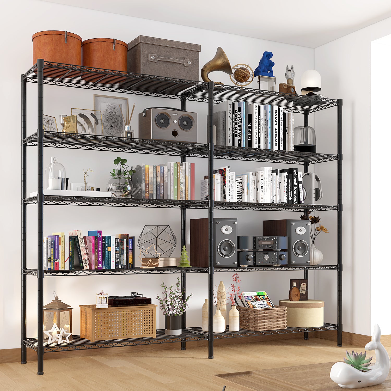 5-layer double row, freely adjustable layer spacing, with adjustable feet, display stand, iron, 177*40*180cm, powder-coated black