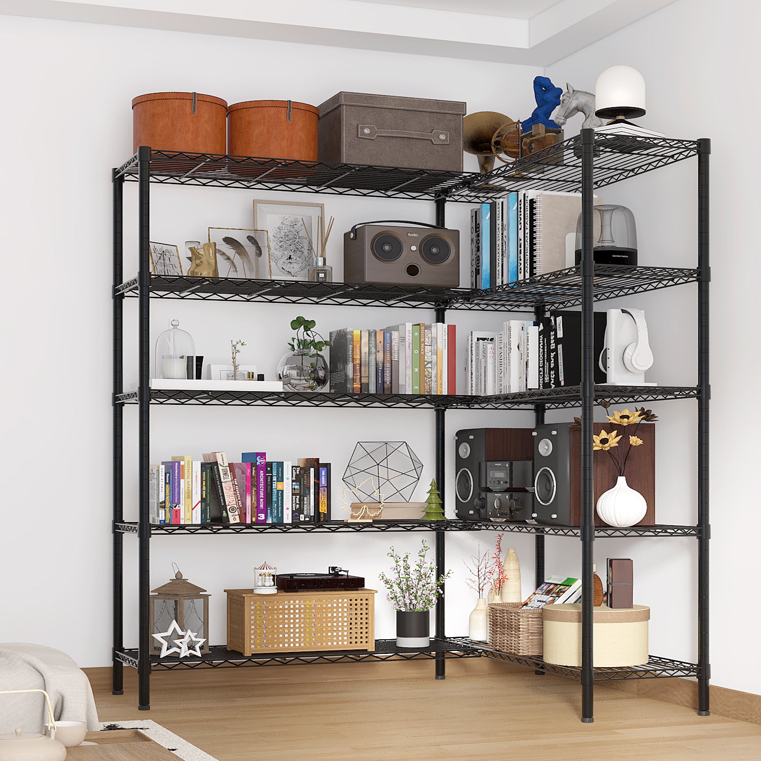 5-layer double row, freely adjustable layer spacing, with adjustable feet, display stand, iron, 177*40*180cm, powder-coated black