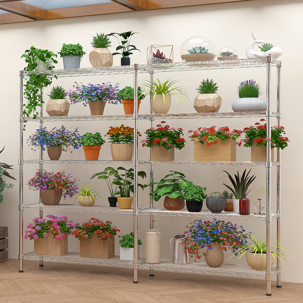 5-layer double row, freely adjustable layer spacing, with adjustable feet, display stand, iron, 147*35*180cm, chrome-plated