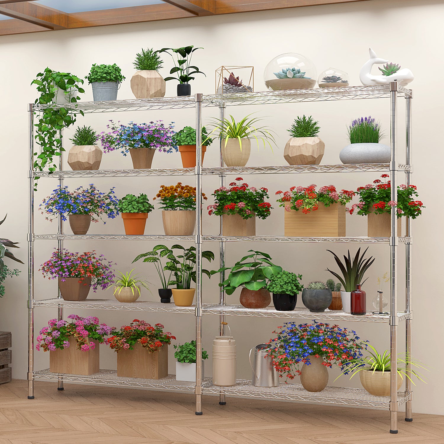 5-layer double row, freely adjustable layer spacing, with adjustable feet, display stand, iron, 147*35*180cm, chrome-plated