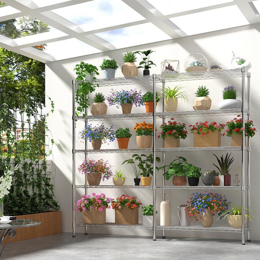 5-layer double row, freely adjustable layer spacing, with adjustable feet, display stand, iron, 147*35*180cm, chrome-plated