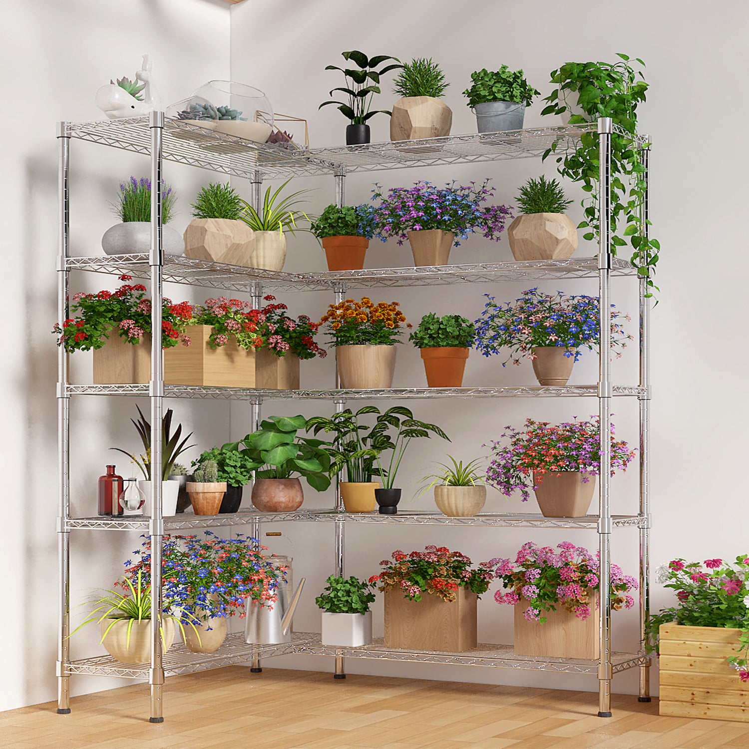 5-layer double row, freely adjustable layer spacing, with adjustable feet, display stand, iron, 147*35*180cm, chrome-plated