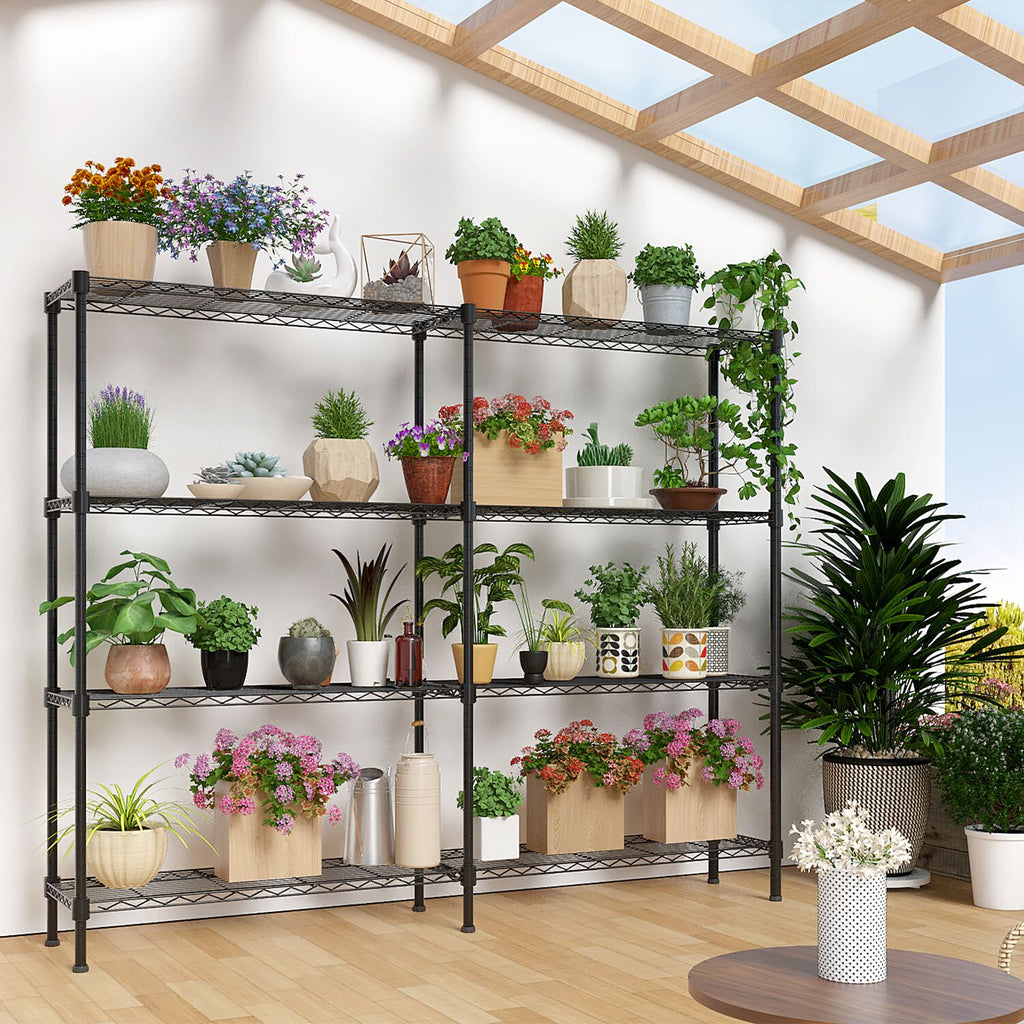 4-layer double row, freely adjustable layer spacing, with adjustable feet, display stand, iron, 147*35*150cm, powder-coated black