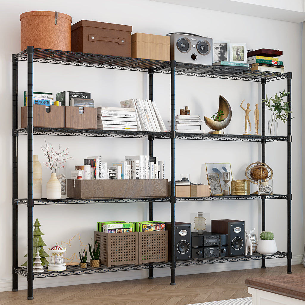 4-layer double row, freely adjustable layer spacing, with adjustable feet, display stand, iron, 147*35*150cm, powder-coated black