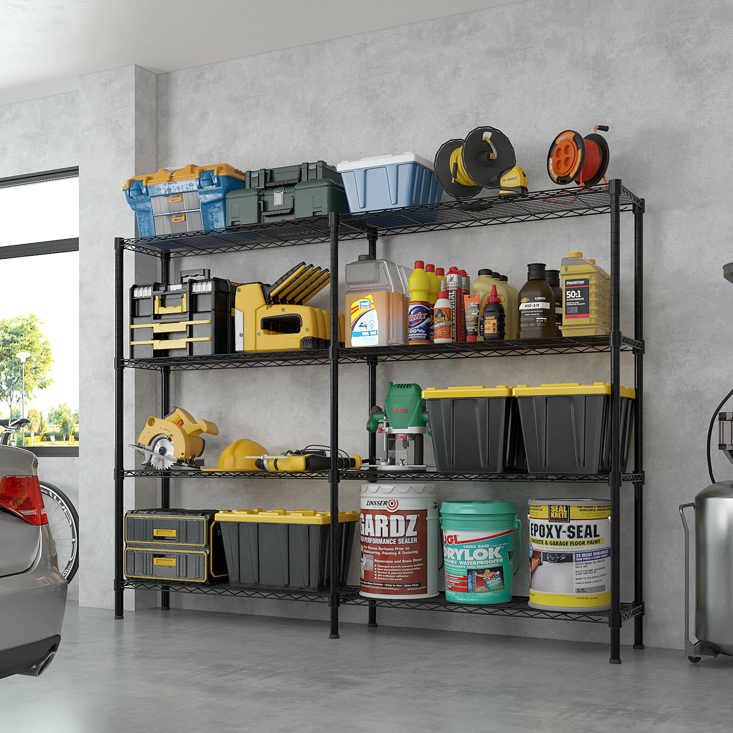 4-layer double row, freely adjustable layer spacing, with adjustable feet, display stand, iron, 147*35*150cm, powder-coated black