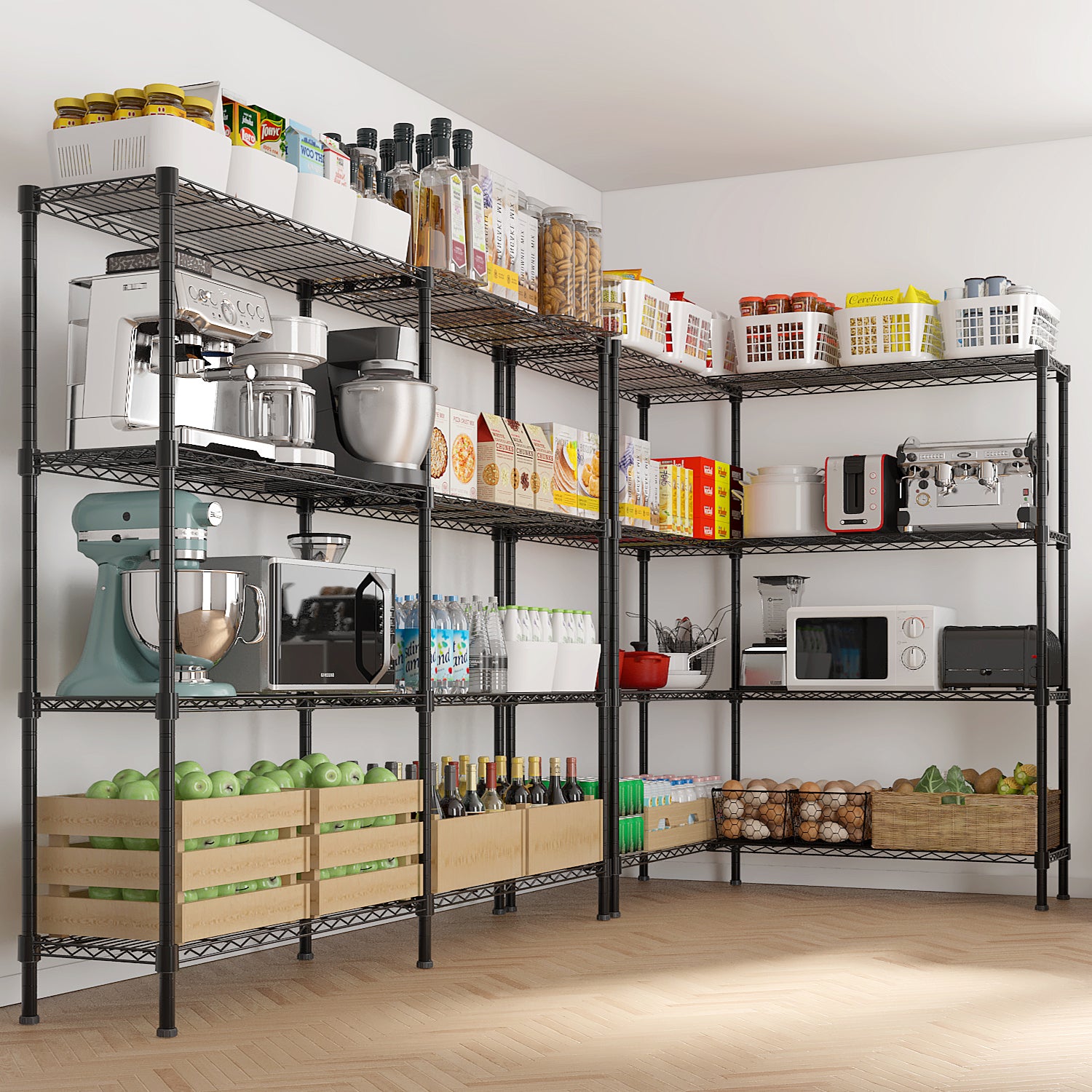 4-layer double row, freely adjustable layer spacing, with adjustable feet, display stand, iron, 147*35*150cm, powder-coated black