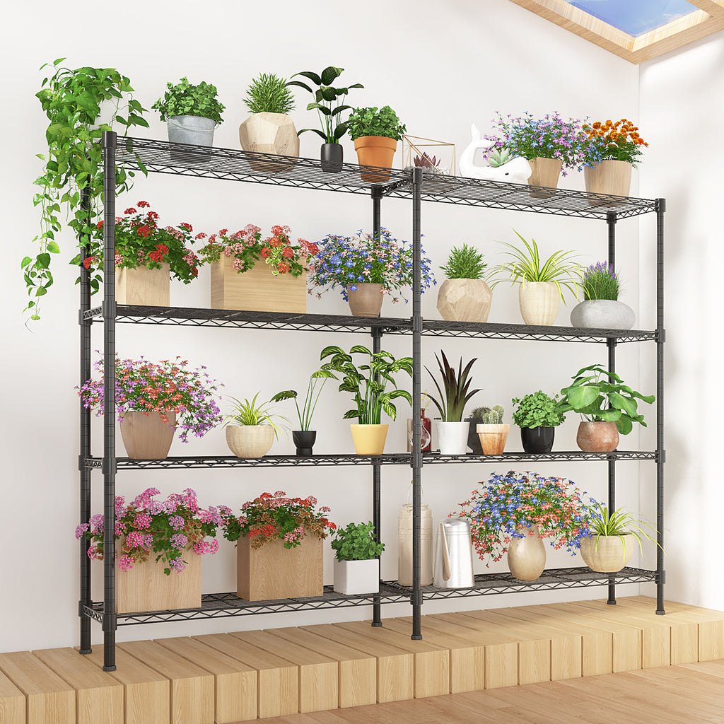 4-layer double row, freely adjustable layer spacing, with adjustable feet, display stand, iron, 147*35*150cm, powder-coated black