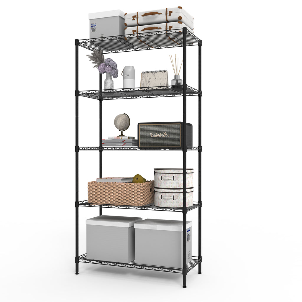 5-tier, adjustable shelf spacing, display rack with adjustable feet, made of iron, 74*34*150cm, powder-coated glossy black