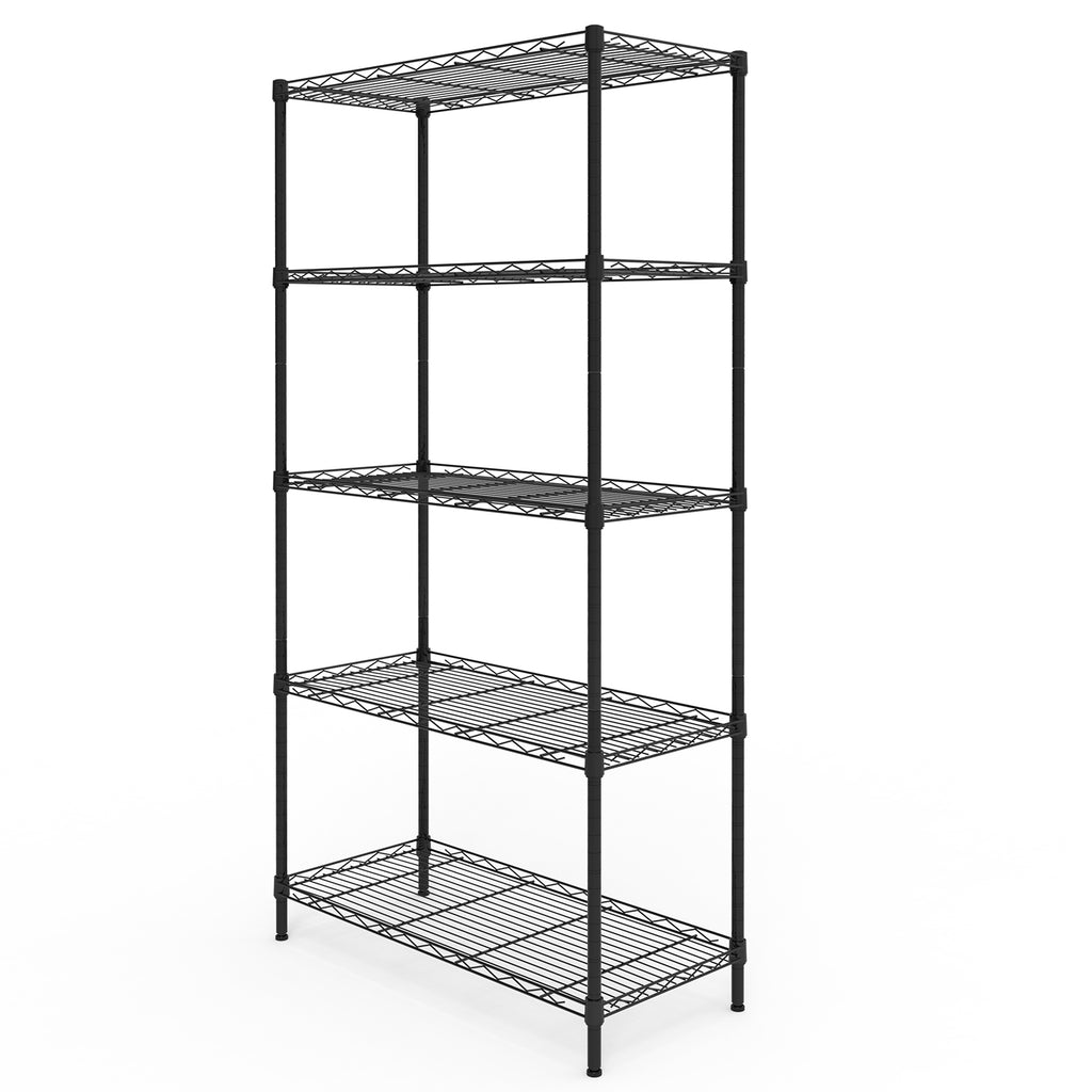 5-tier, adjustable shelf spacing, display rack with adjustable feet, made of iron, 74*34*150cm, powder-coated glossy black