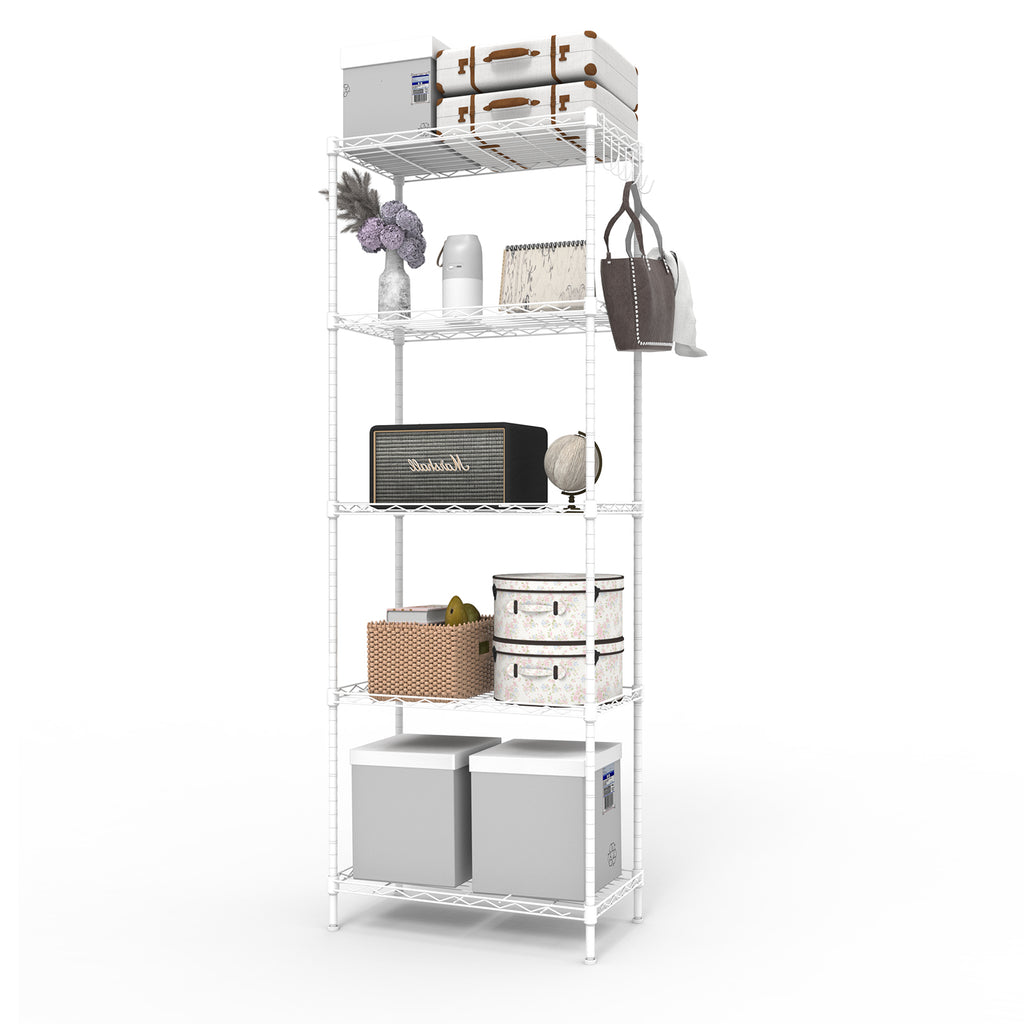 5-layer display rack with adjustable layer spacing, plug-in deformable structure, adjustable feet, made of iron, 54*29*150cm, powder-coated matte white