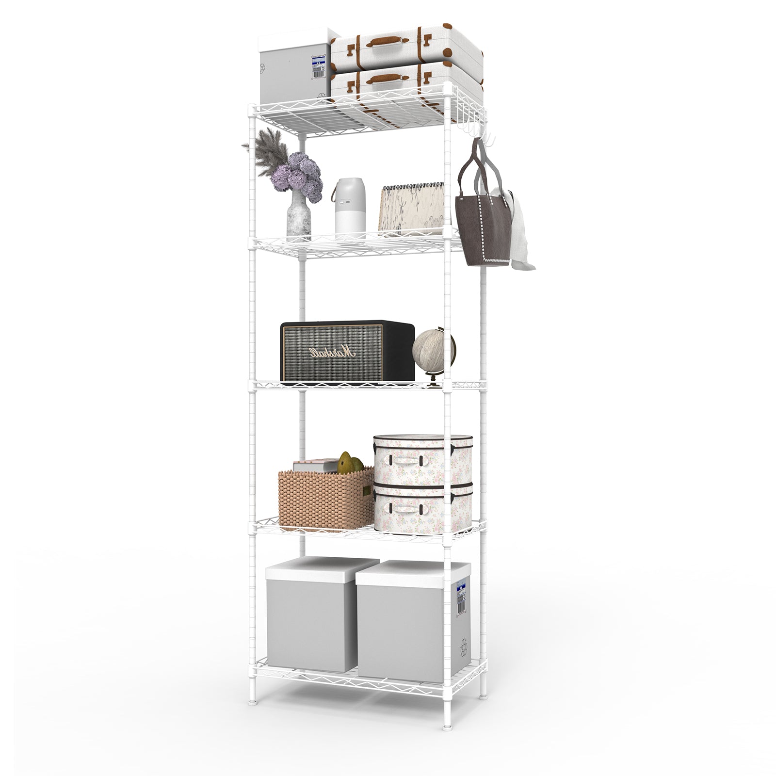 5-layer display rack with adjustable layer spacing, plug-in deformable structure, adjustable feet, made of iron, 54*29*150cm, powder-coated matte white