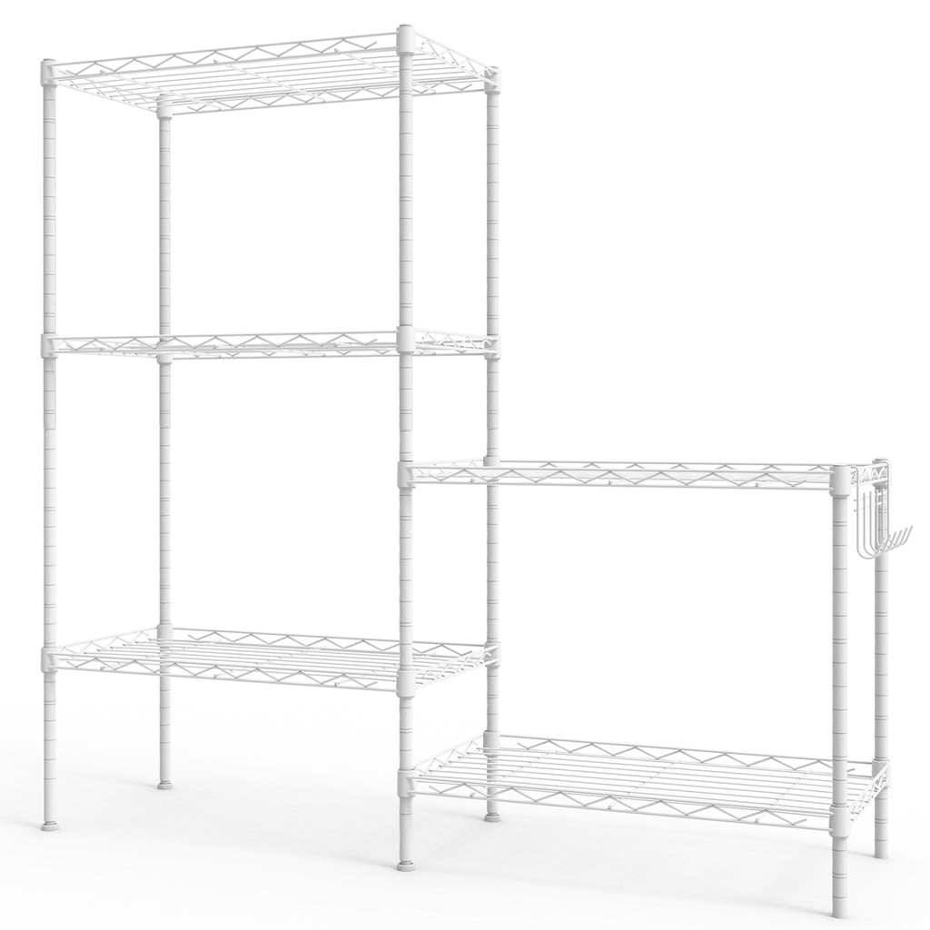 5-layer display rack with adjustable layer spacing, plug-in deformable structure, adjustable feet, made of iron, 54*29*150cm, powder-coated matte white