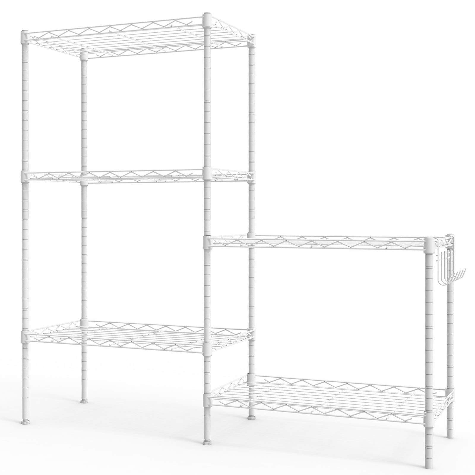 5-layer display rack with adjustable layer spacing, plug-in deformable structure, adjustable feet, made of iron, 54*29*150cm, powder-coated matte white