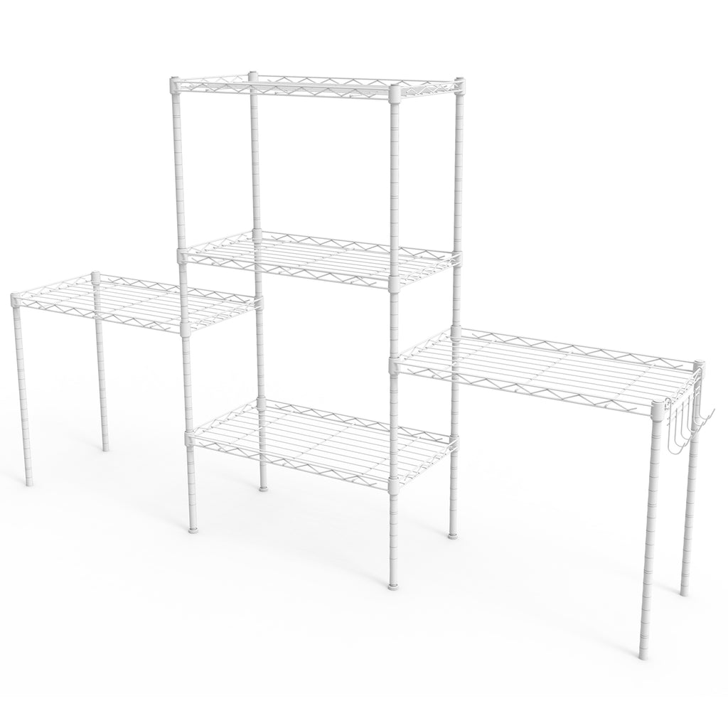 5-layer display rack with adjustable layer spacing, plug-in deformable structure, adjustable feet, made of iron, 54*29*150cm, powder-coated matte white