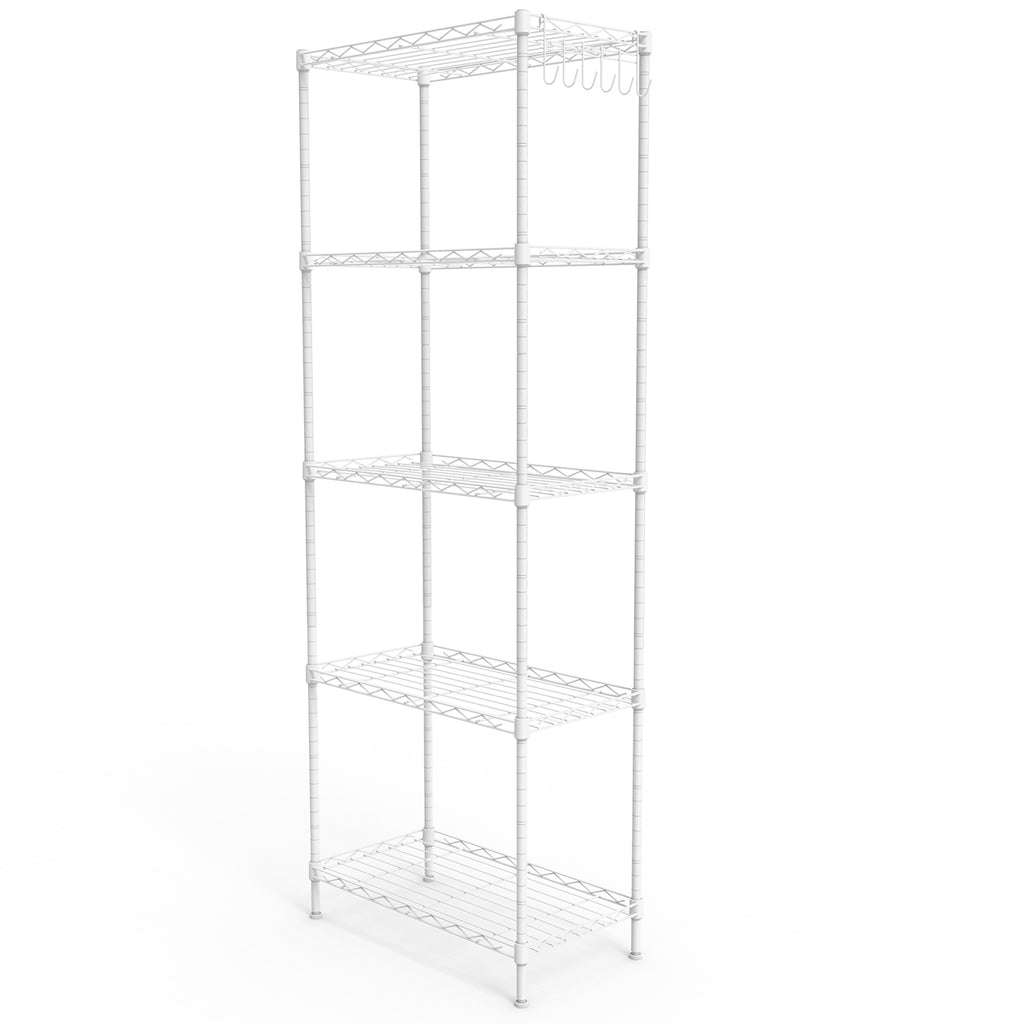 5-layer display rack with adjustable layer spacing, plug-in deformable structure, adjustable feet, made of iron, 54*29*150cm, powder-coated matte white