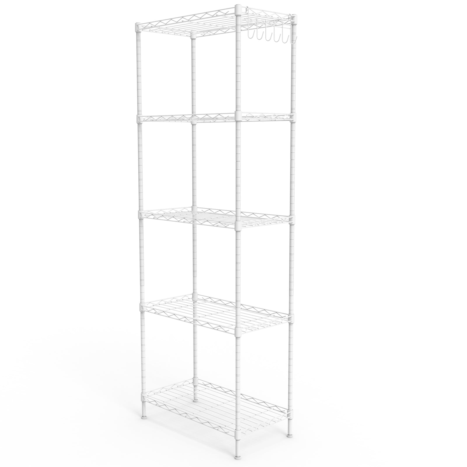 5-layer display rack with adjustable layer spacing, plug-in deformable structure, adjustable feet, made of iron, 54*29*150cm, powder-coated matte white