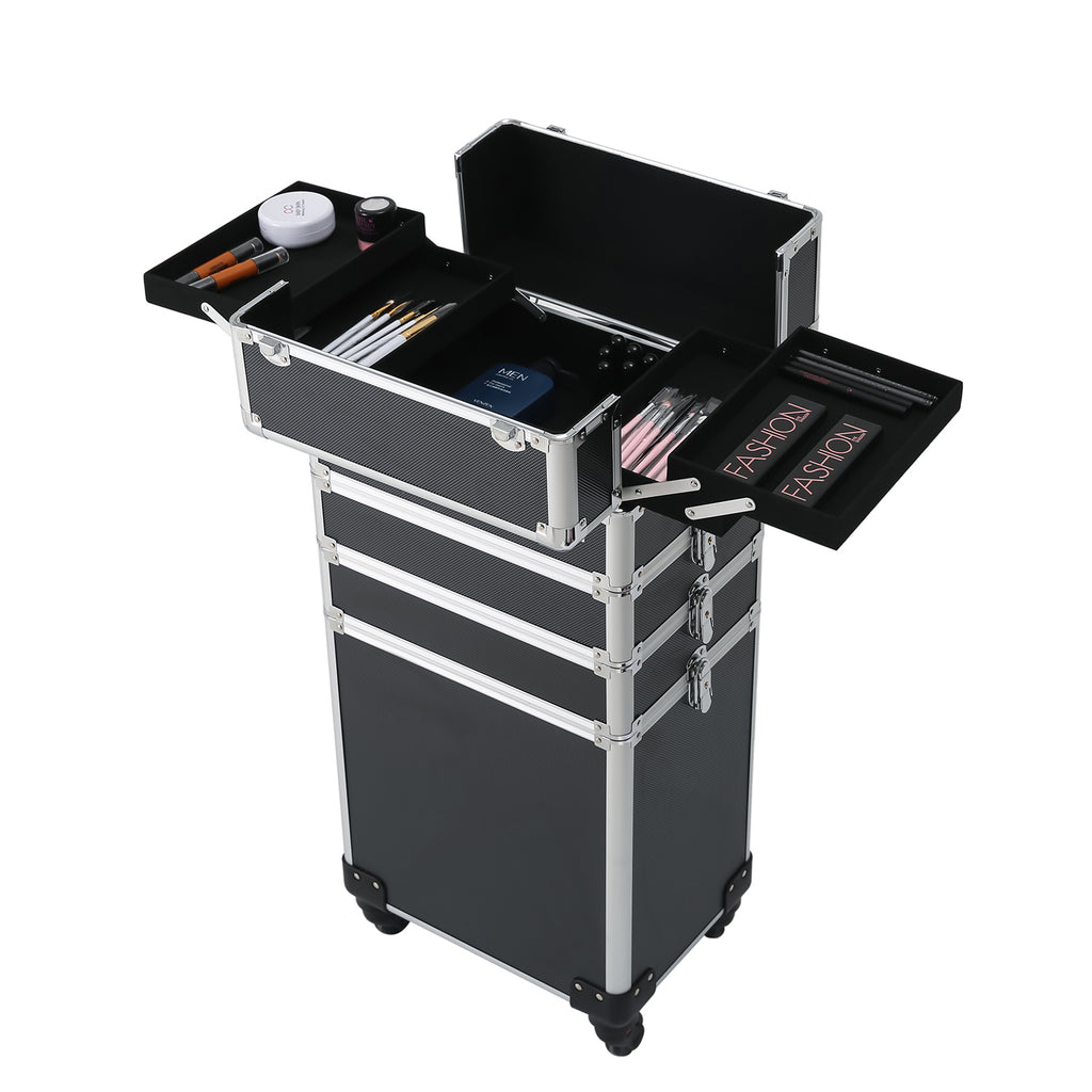 4-in-1 Draw-bar Style Interchangeable Aluminum Rolling Makeup Case Black