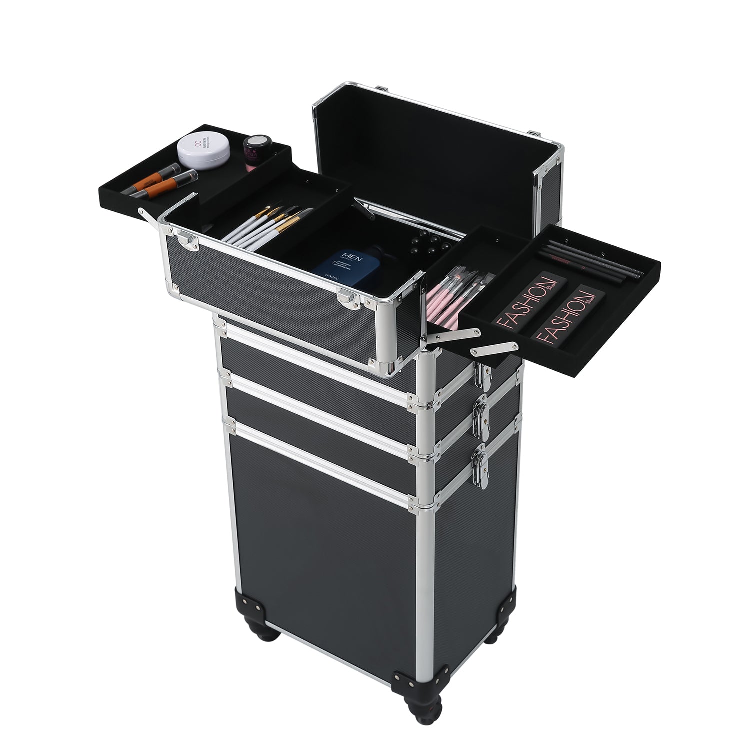 4-in-1 Draw-bar Style Interchangeable Aluminum Rolling Makeup Case Black