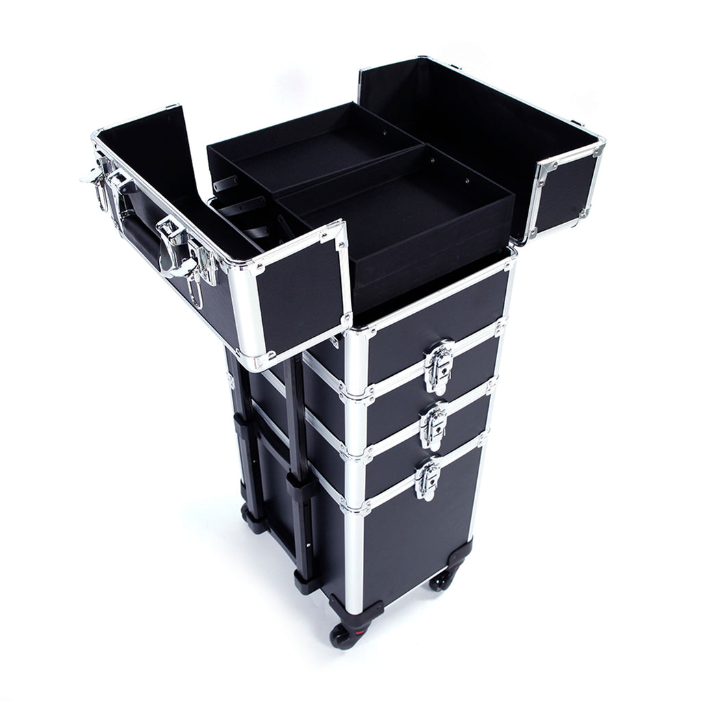 4-in-1 Draw-bar Style Interchangeable Aluminum Rolling Makeup Case Black