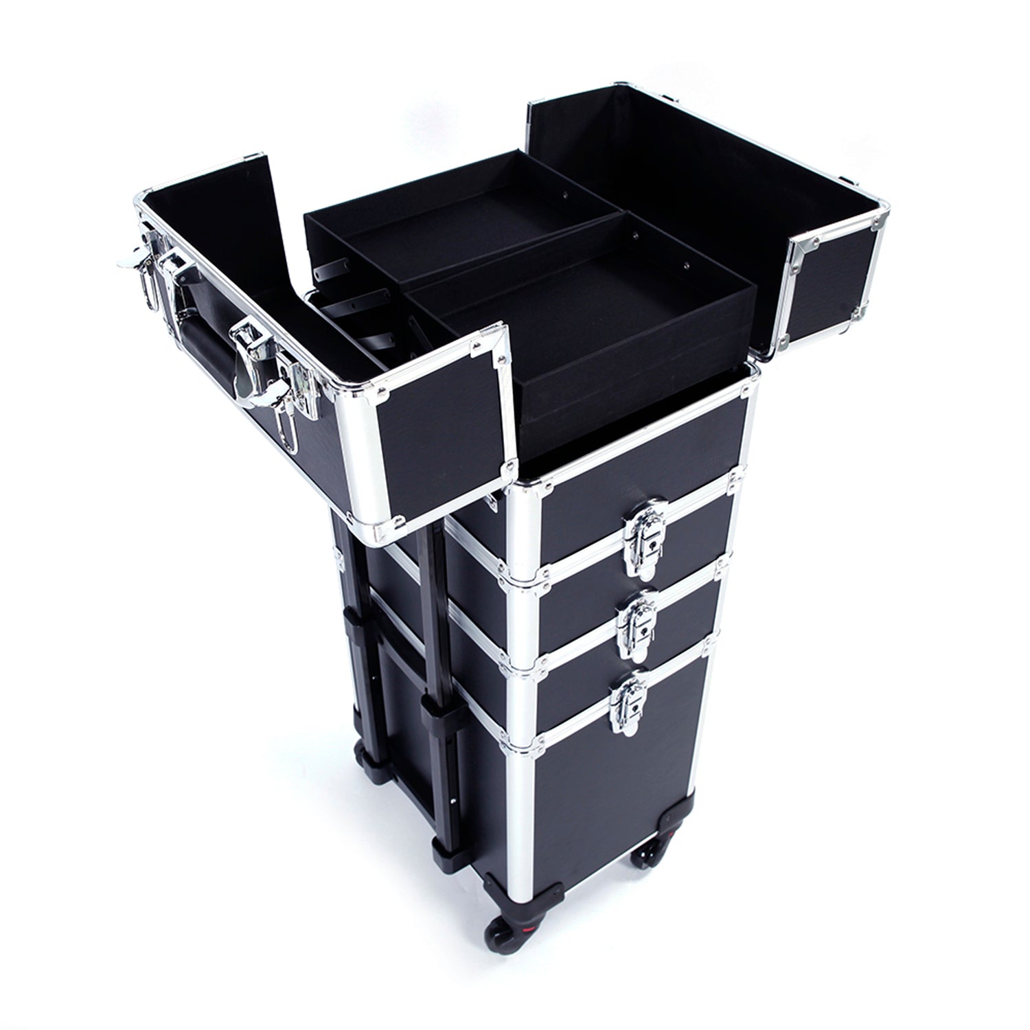 4-in-1 Draw-bar Style Interchangeable Aluminum Rolling Makeup Case Black