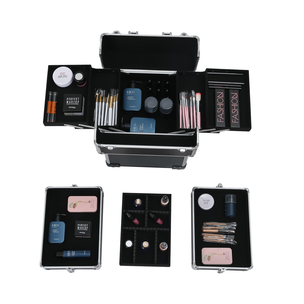 4-in-1 Draw-bar Style Interchangeable Aluminum Rolling Makeup Case Black
