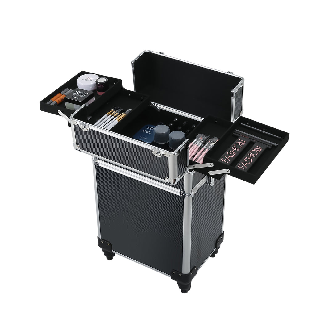 4-in-1 Draw-bar Style Interchangeable Aluminum Rolling Makeup Case Black