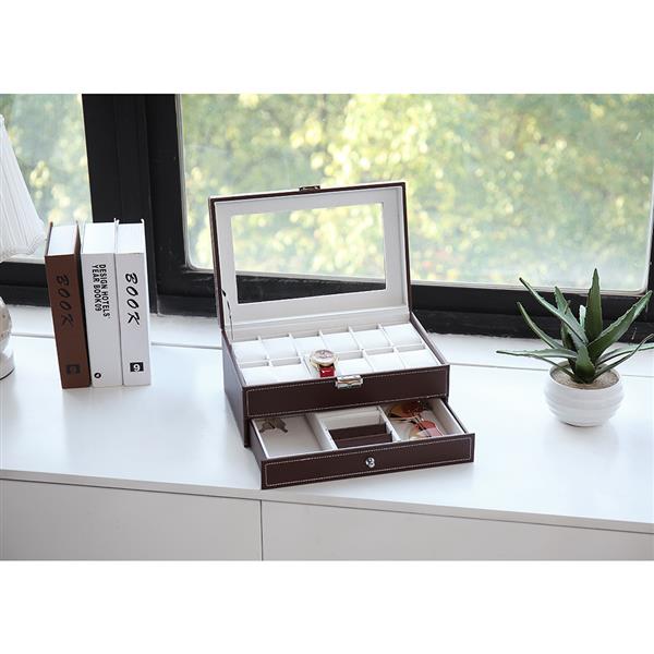 12 Slots Watch Box Mens Watch Organizer Lockable Jewelry Display Case with Real Glass Top Faux Leather Brow