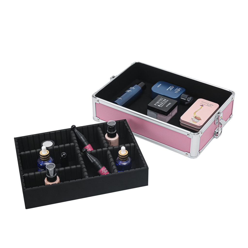 4-in-1 Draw-bar Style Interchangeable Aluminum Rolling Makeup Case Pink