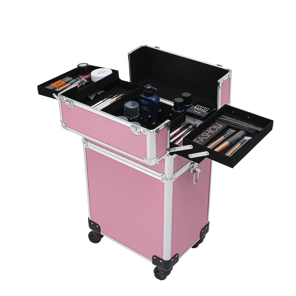 4-in-1 Draw-bar Style Interchangeable Aluminum Rolling Makeup Case Pink
