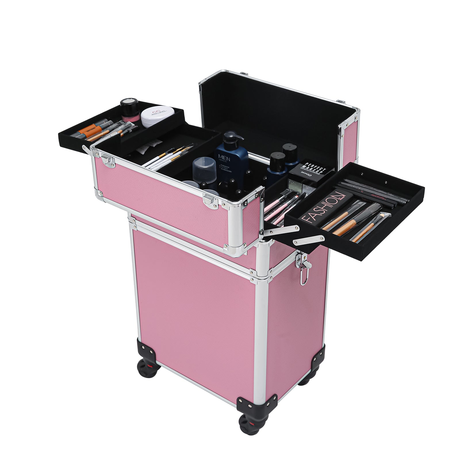 4-in-1 Draw-bar Style Interchangeable Aluminum Rolling Makeup Case Pink