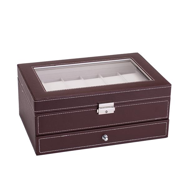 12 Slots Watch Box Mens Watch Organizer Lockable Jewelry Display Case with Real Glass Top Faux Leather Brow