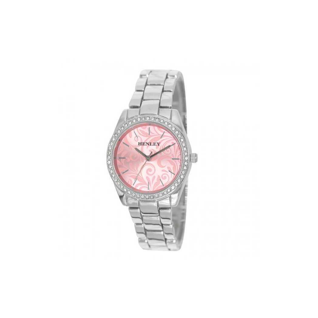 Henley Ladies Bling Etched Patterned Pink Dial & Silver plated Bracelet Watch H07326.5