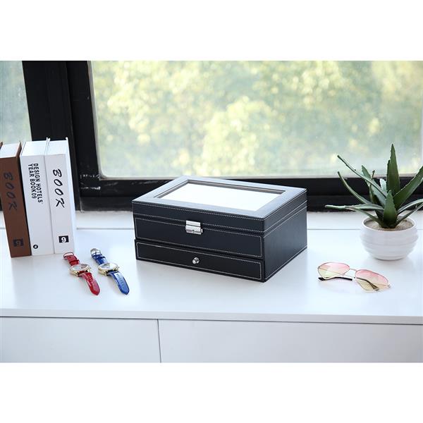 12 Slots Watch Box Mens Watch Organizer Lockable Jewelry Display Case with Real Glass Top Faux Leather Black