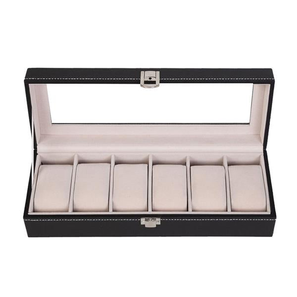 6 Compartments High-grade Leather Watch Collection Storage Box Black