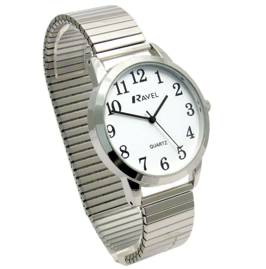 Ravel Mens Bold Number White Dial Silver Expander Bracelet Watch R0232.01.1
